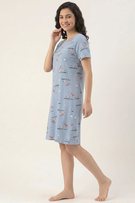 Zivame Farm Lore Knit Cotton Knee Length Nightdress - Ashley Blue — image 2